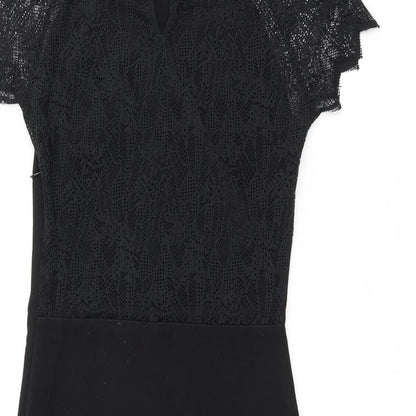 Zara Womens Black Polyester Bodycon Size S Round Neck Zip - Lace Detail