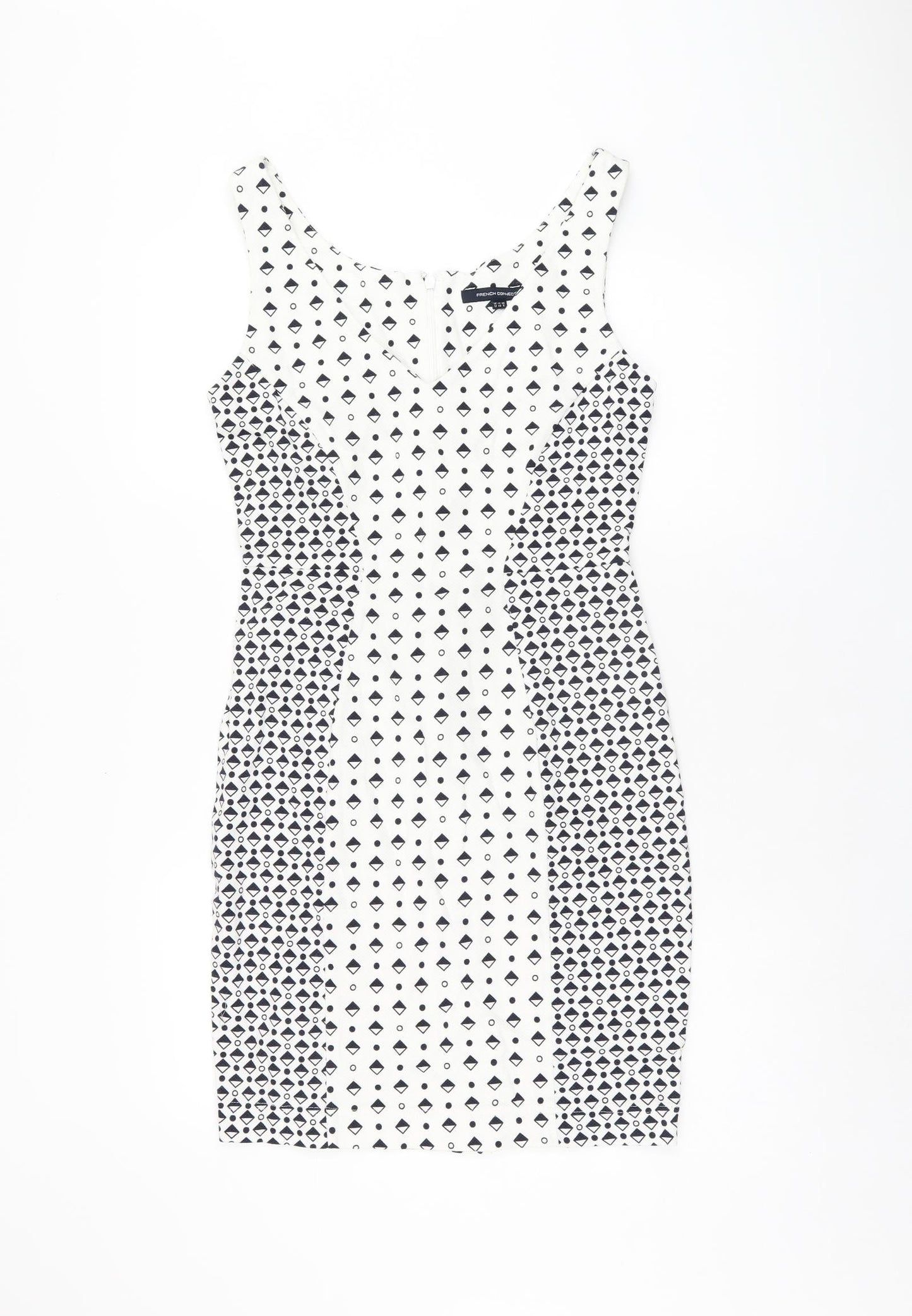 French Connection Womens White Geometric Polyester Bodycon Size 12 V-Neck Zip