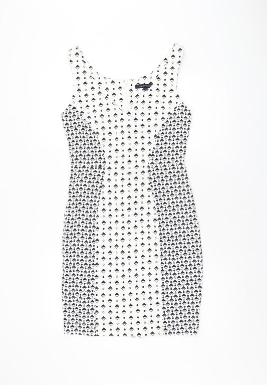 French Connection Womens White Geometric Polyester Bodycon Size 12 V-Neck Zip