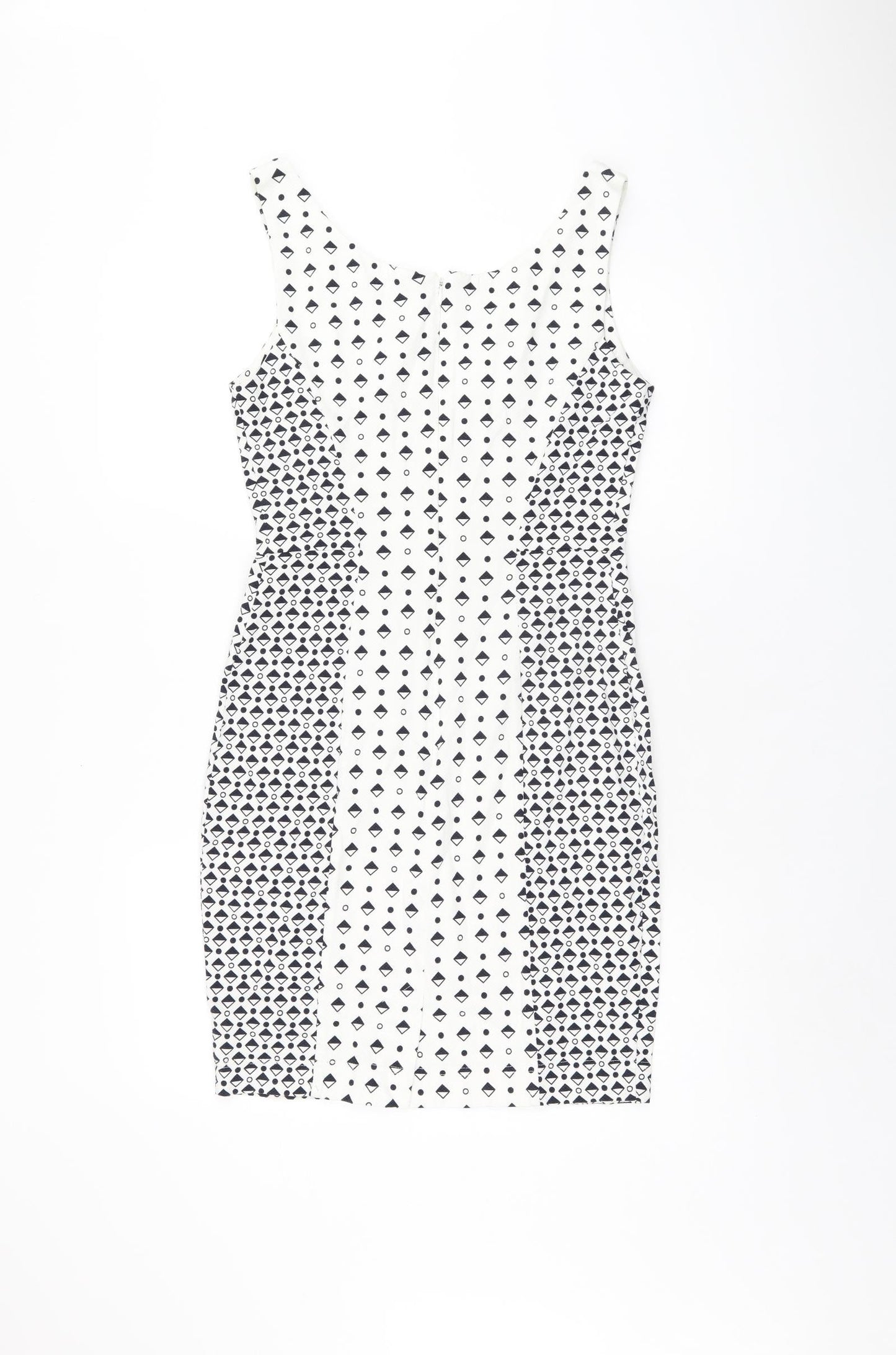French Connection Womens White Geometric Polyester Bodycon Size 12 V-Neck Zip