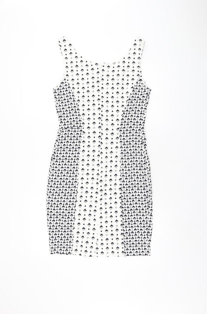 French Connection Womens White Geometric Polyester Bodycon Size 12 V-Neck Zip