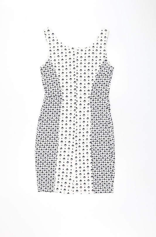 French Connection Womens White Geometric Polyester Bodycon Size 12 V-Neck Zip