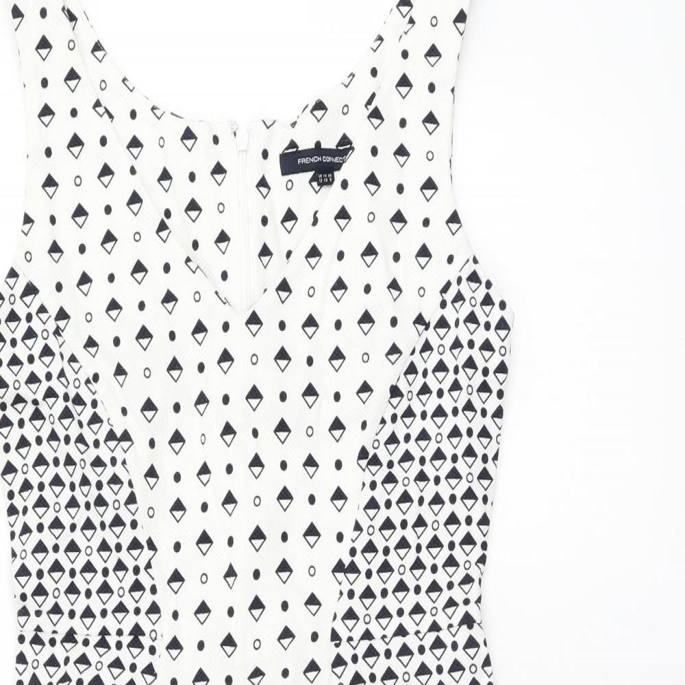 French Connection Womens White Geometric Polyester Bodycon Size 12 V-Neck Zip