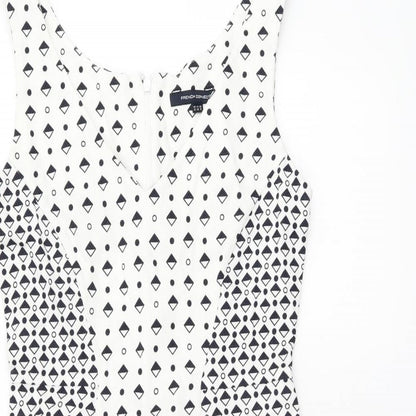 French Connection Womens White Geometric Polyester Bodycon Size 12 V-Neck Zip
