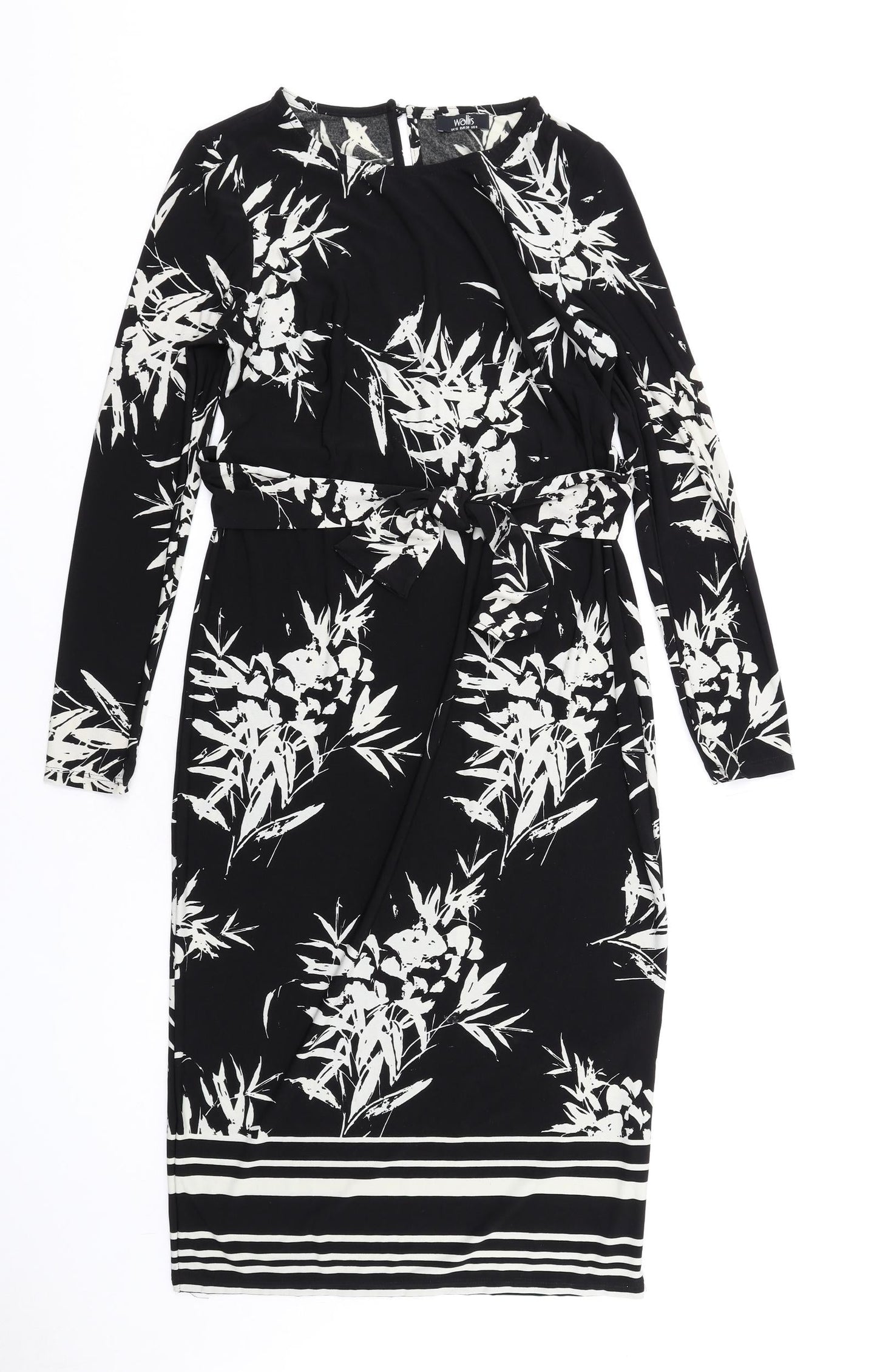 Wallis Womens Black Floral Polyester Bodycon Size 10 Round Neck Button