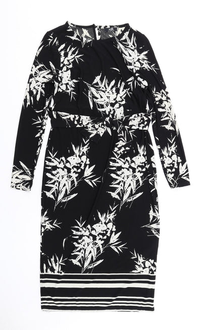 Wallis Womens Black Floral Polyester Bodycon Size 10 Round Neck Button