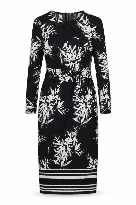 Front view of Wallis women’s black floral polyester bodycon, size UK 10, round neck button