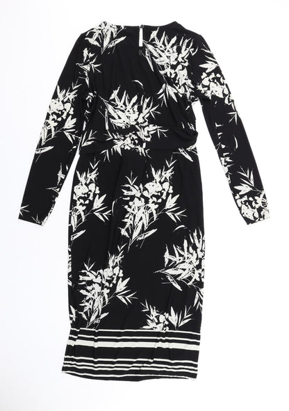 Wallis Womens Black Floral Polyester Bodycon Size 10 Round Neck Button
