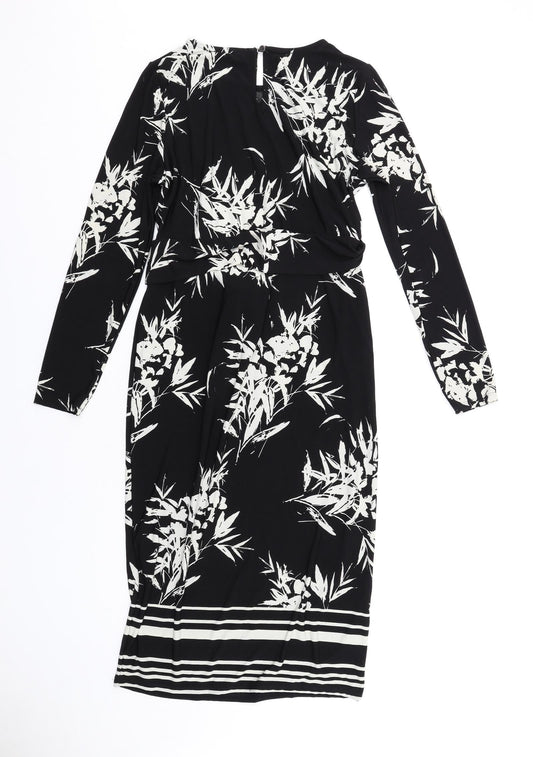 Wallis Womens Black Floral Polyester Bodycon Size 10 Round Neck Button
