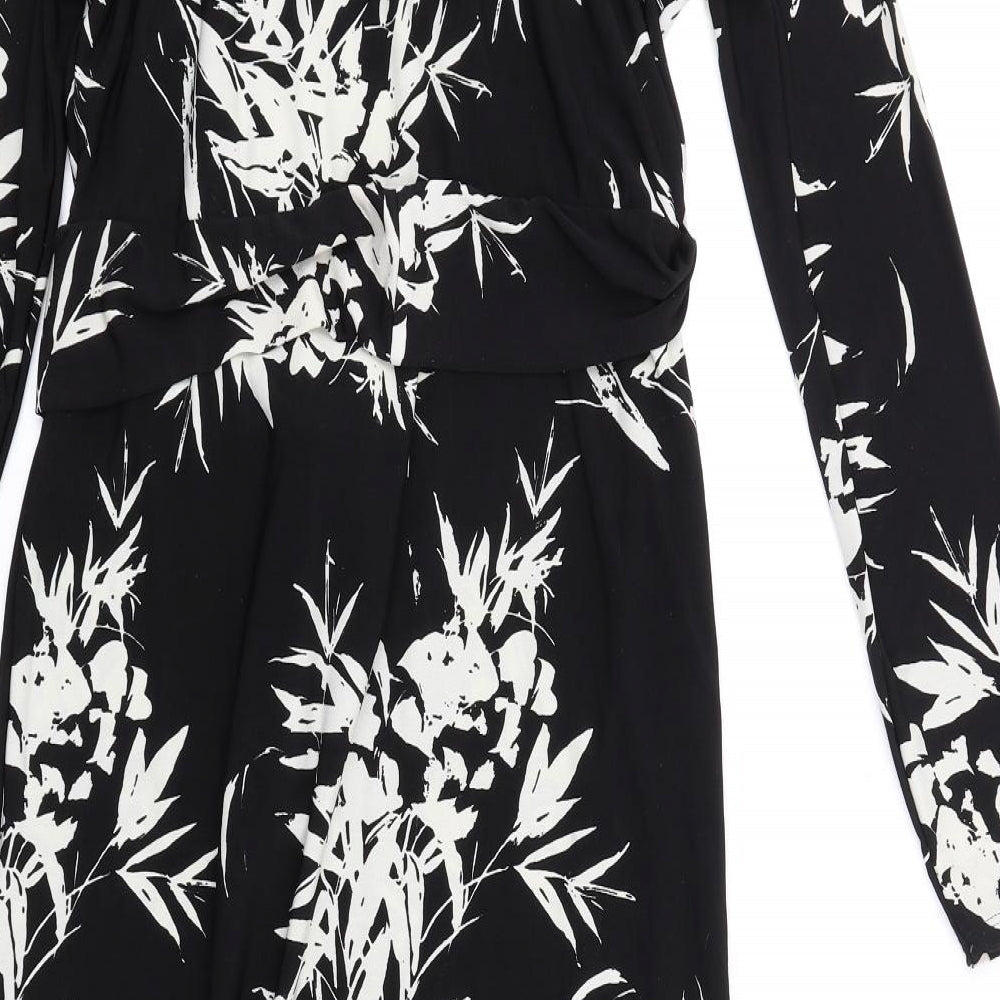 Wallis Womens Black Floral Polyester Bodycon Size 10 Round Neck Button