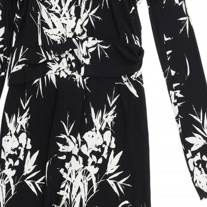 Wallis Womens Black Floral Polyester Bodycon Size 10 Round Neck Button