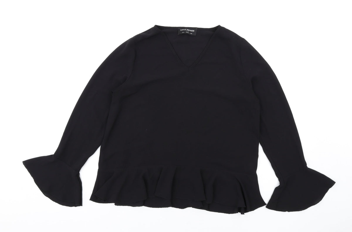 Little Mistress Womens Black Polyester Basic Blouse Size 10 V-Neck