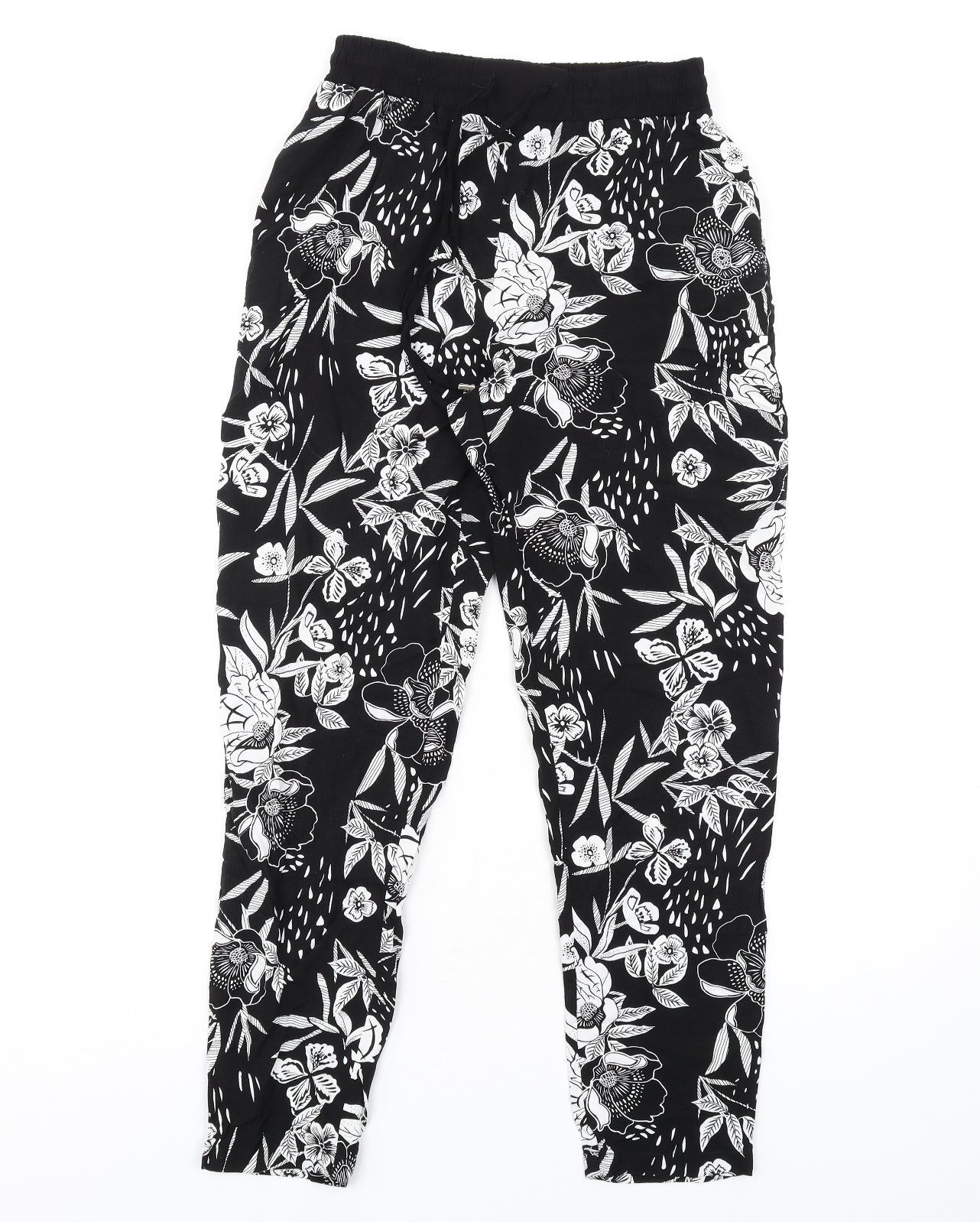 New Look Womens Black Floral Viscose Trousers Size 6 L28 in Regular Drawstring