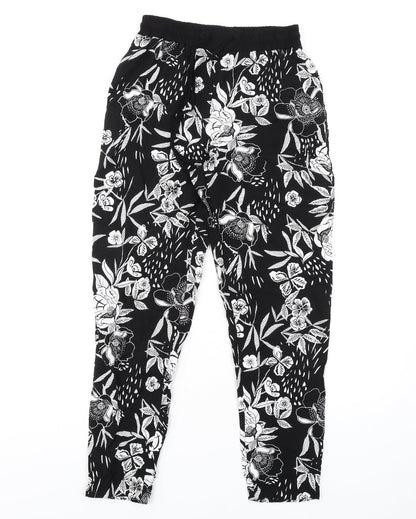 New Look Womens Black Floral Viscose Trousers Size 6 L28 in Regular Drawstring