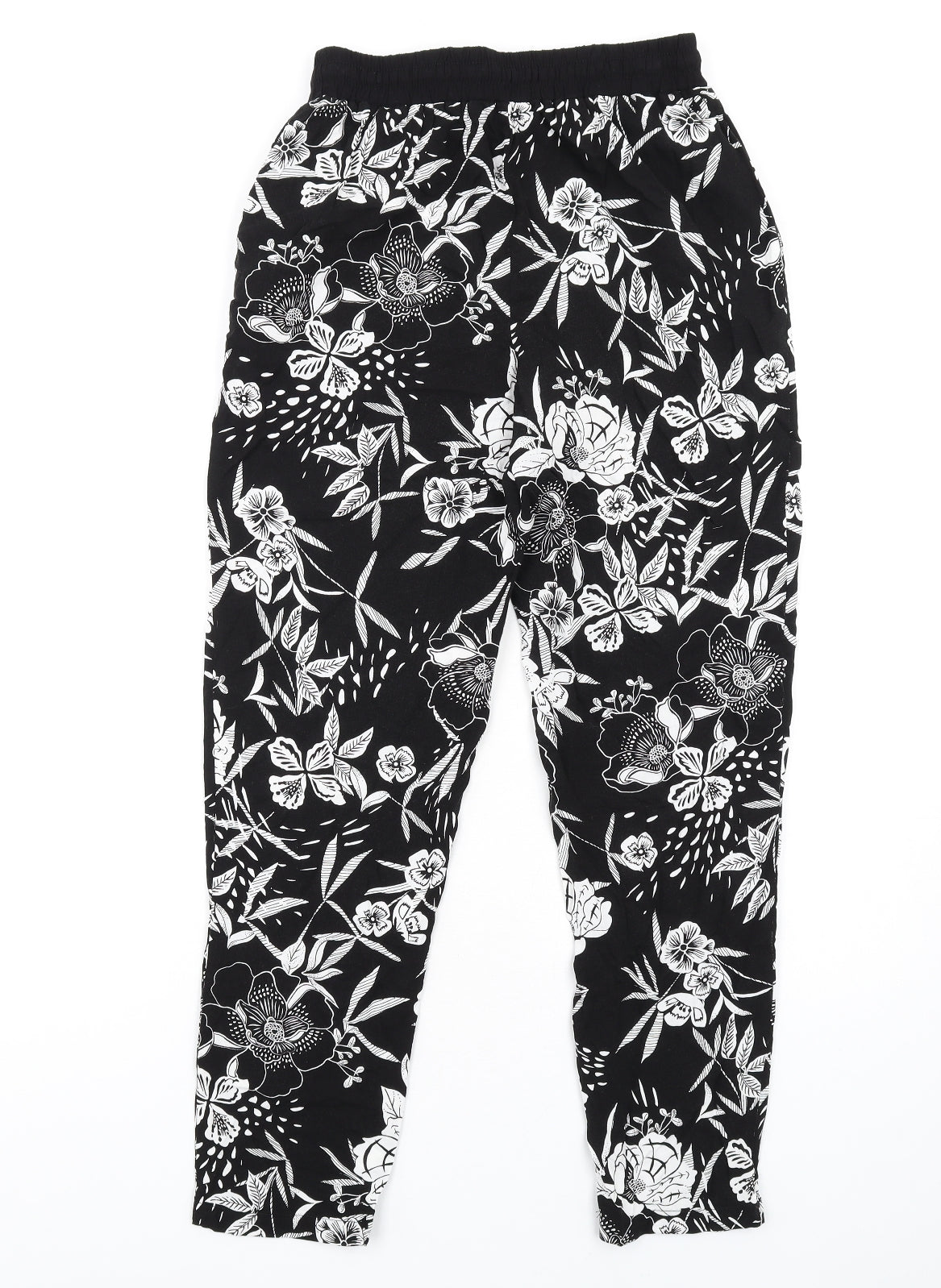 New Look Womens Black Floral Viscose Trousers Size 6 L28 in Regular Drawstring