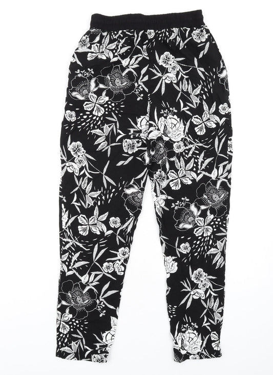New Look Womens Black Floral Viscose Trousers Size 6 L28 in Regular Drawstring