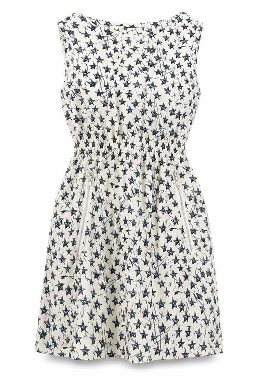 TENKI Womens Ivory Geometric Polyester A-Line Size S Round Neck Zip