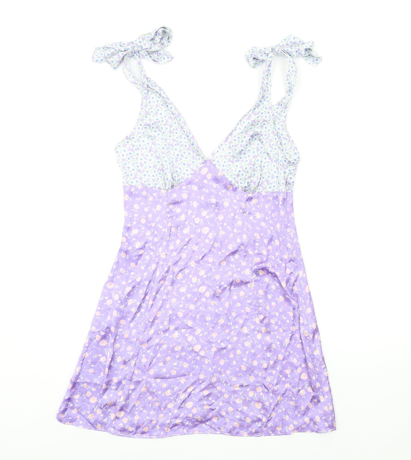 Stradivarius Womens Purple Floral Polyester Tank Dress Size M V-Neck Zip