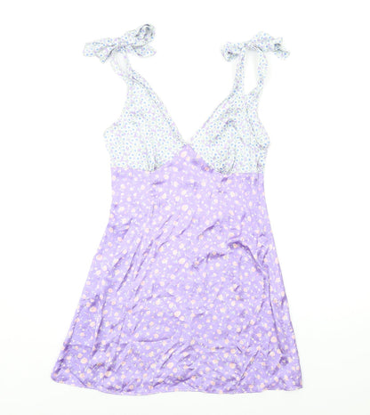Stradivarius Womens Purple Floral Polyester Tank Dress Size M V-Neck Zip