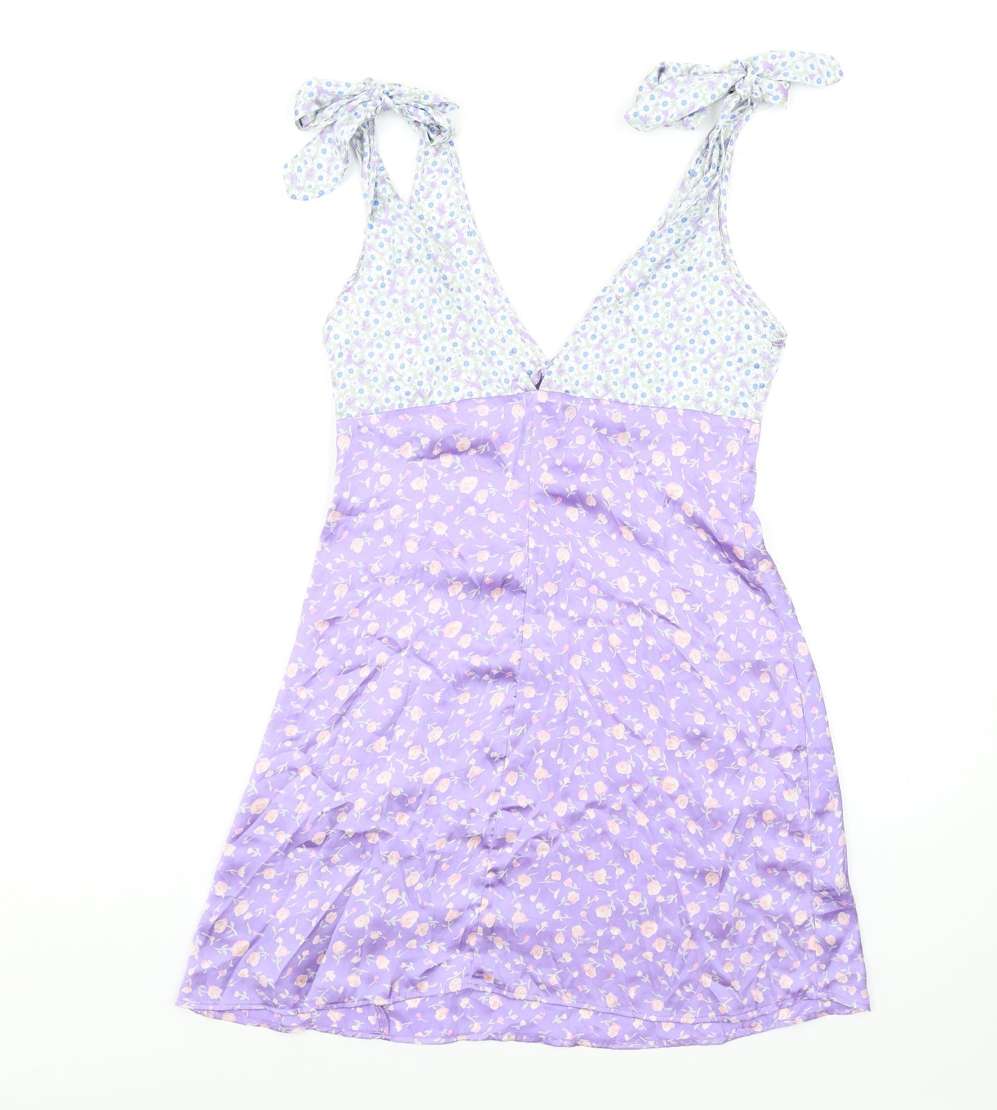 Stradivarius Womens Purple Floral Polyester Tank Dress Size M V-Neck Zip