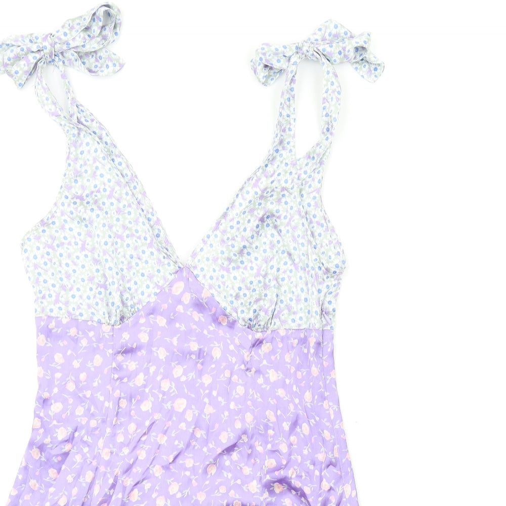 Stradivarius Womens Purple Floral Polyester Tank Dress Size M V-Neck Zip