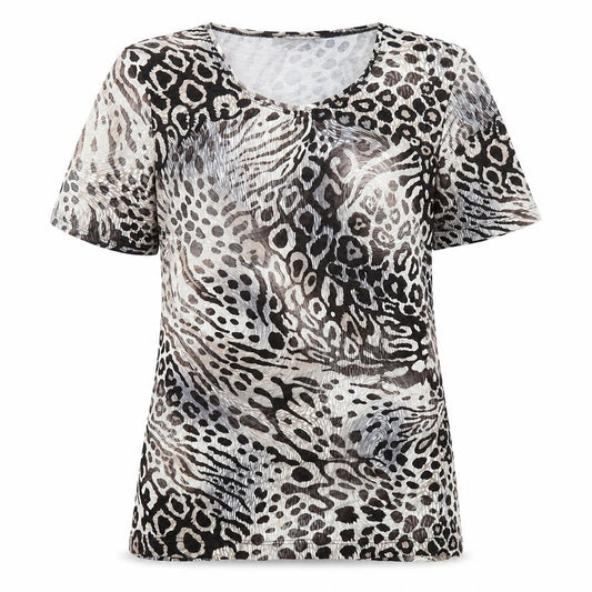 Front view of Canda women’s beige animal print viscose basic t-shirt, size S, round neck - leopard print