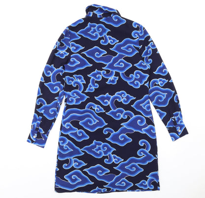 marksand Womens Blue Geometric Polyester Shirt Dress Size 8 Collared Button