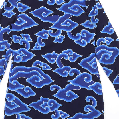 marksand Womens Blue Geometric Polyester Shirt Dress Size 8 Collared Button