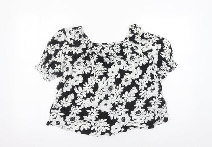 Marks and Spencer Womens Black Floral Viscose Basic Blouse Size 8 Round Neck