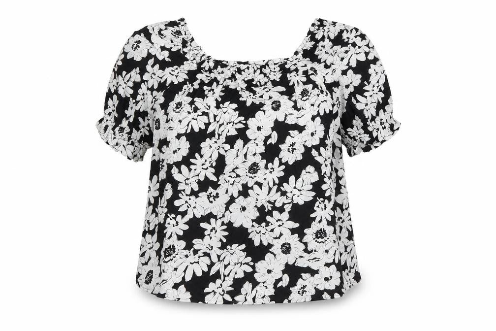 Marks and Spencer Womens Black Floral Viscose Basic Blouse Size 8 Round Neck