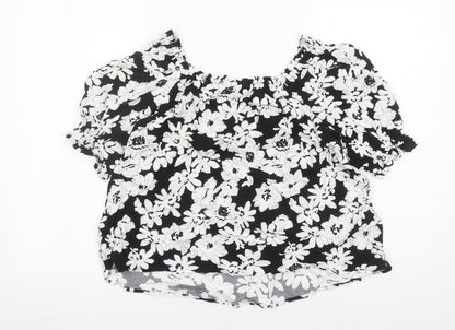 Marks and Spencer Womens Black Floral Viscose Basic Blouse Size 8 Round Neck