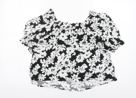 Marks and Spencer Womens Black Floral Viscose Basic Blouse Size 8 Round Neck