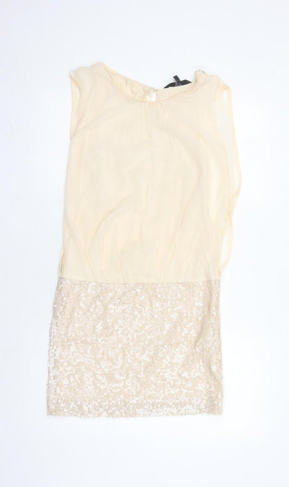 Coast Womens Beige Polyester A-Line Size 10 Round Neck Button - Sequin Detail