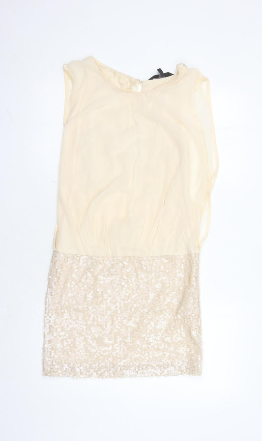 Coast Womens Beige Polyester A-Line Size 10 Round Neck Button - Sequin Detail