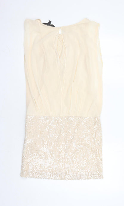Coast Womens Beige Polyester A-Line Size 10 Round Neck Button - Sequin Detail