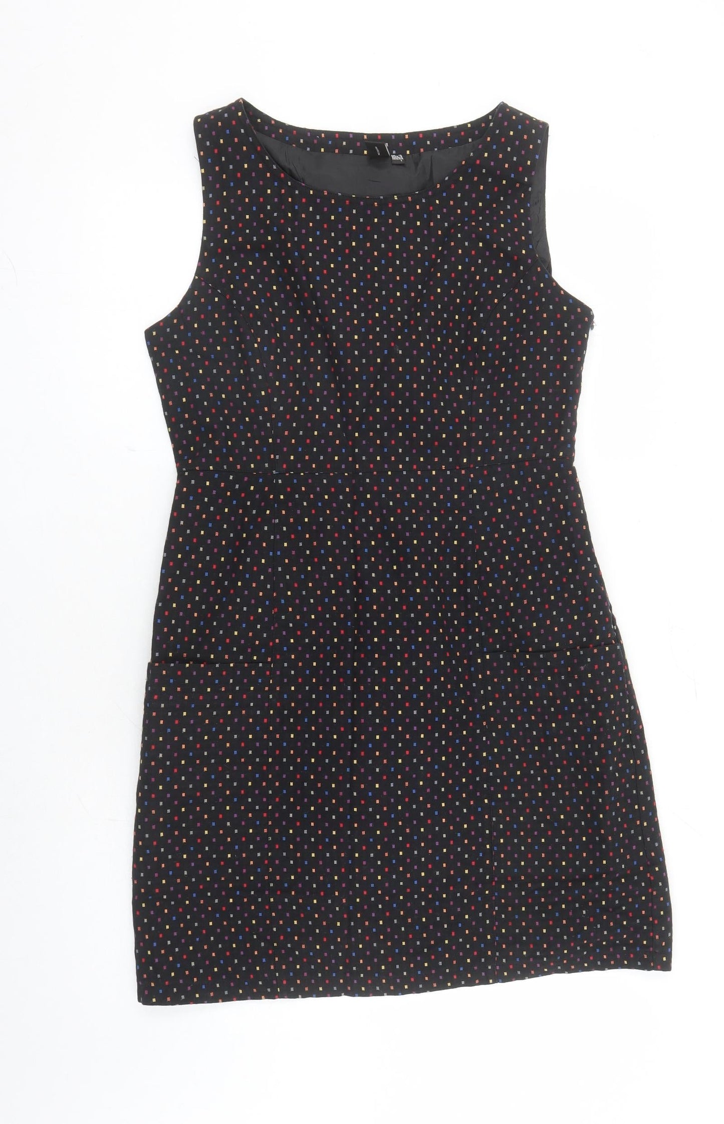 Izabel London Womens Black Geometric Cotton A-Line Size 12 Round Neck Zip - Lined Pockets