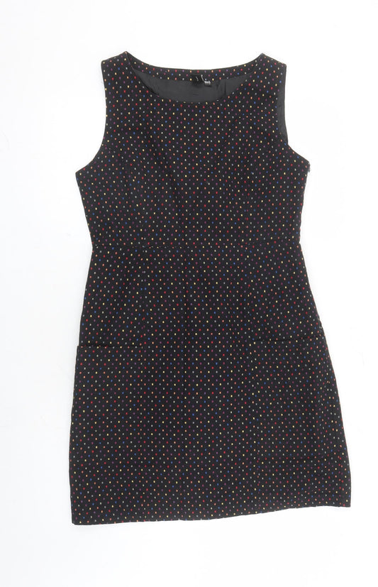 Izabel London Womens Black Geometric Cotton A-Line Size 12 Round Neck Zip - Lined Pockets