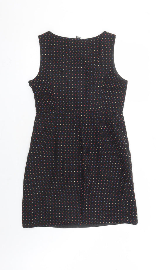 Izabel London Womens Black Geometric Cotton A-Line Size 12 Round Neck Zip - Lined Pockets
