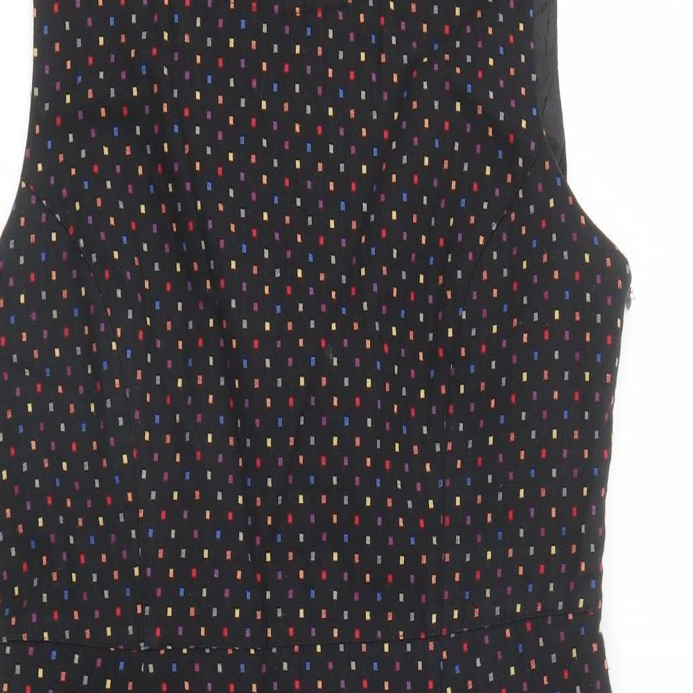 Izabel London Womens Black Geometric Cotton A-Line Size 12 Round Neck Zip - Lined Pockets