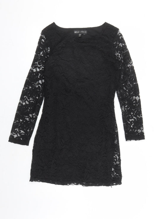 Mela London Womens Black Geometric Polyester Bodycon Size 10 Round Neck Pullover