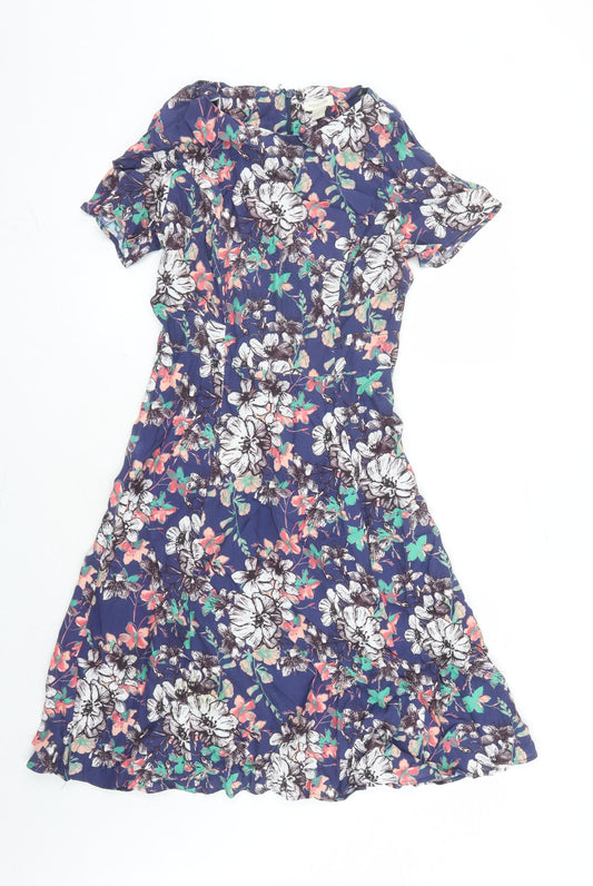 Monsoon Womens Blue Floral Viscose Fit & Flare Size 8 Round Neck Zip