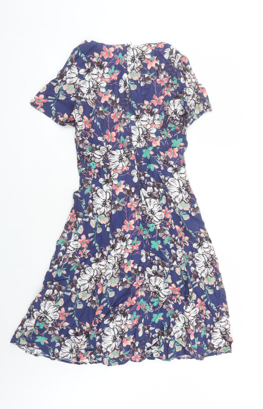 Monsoon Womens Blue Floral Viscose Fit & Flare Size 8 Round Neck Zip