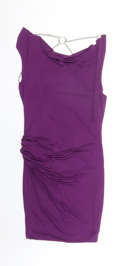 Celeb Boutique Womens Purple Polyester Bodycon Size M Cowl Neck Pullover - Chain Detail