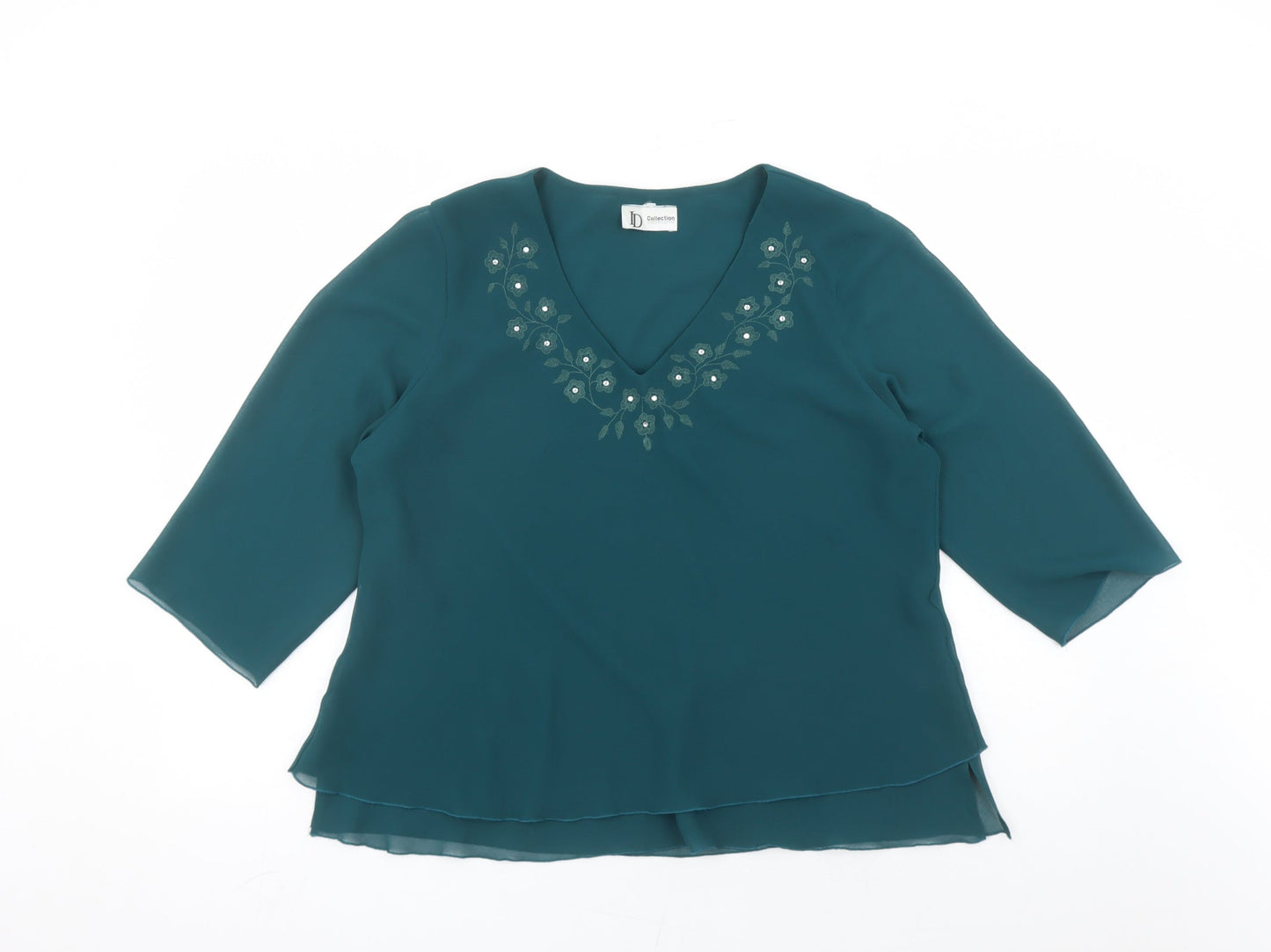 ID Collection Womens Green Polyester Basic Blouse Size 20 V-Neck - Embroidered Flowers Rhinestone Detail