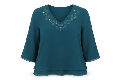 ID Collection Womens Green Polyester Basic Blouse Size 20 V-Neck - Embroidered Flowers Rhinestone Detail