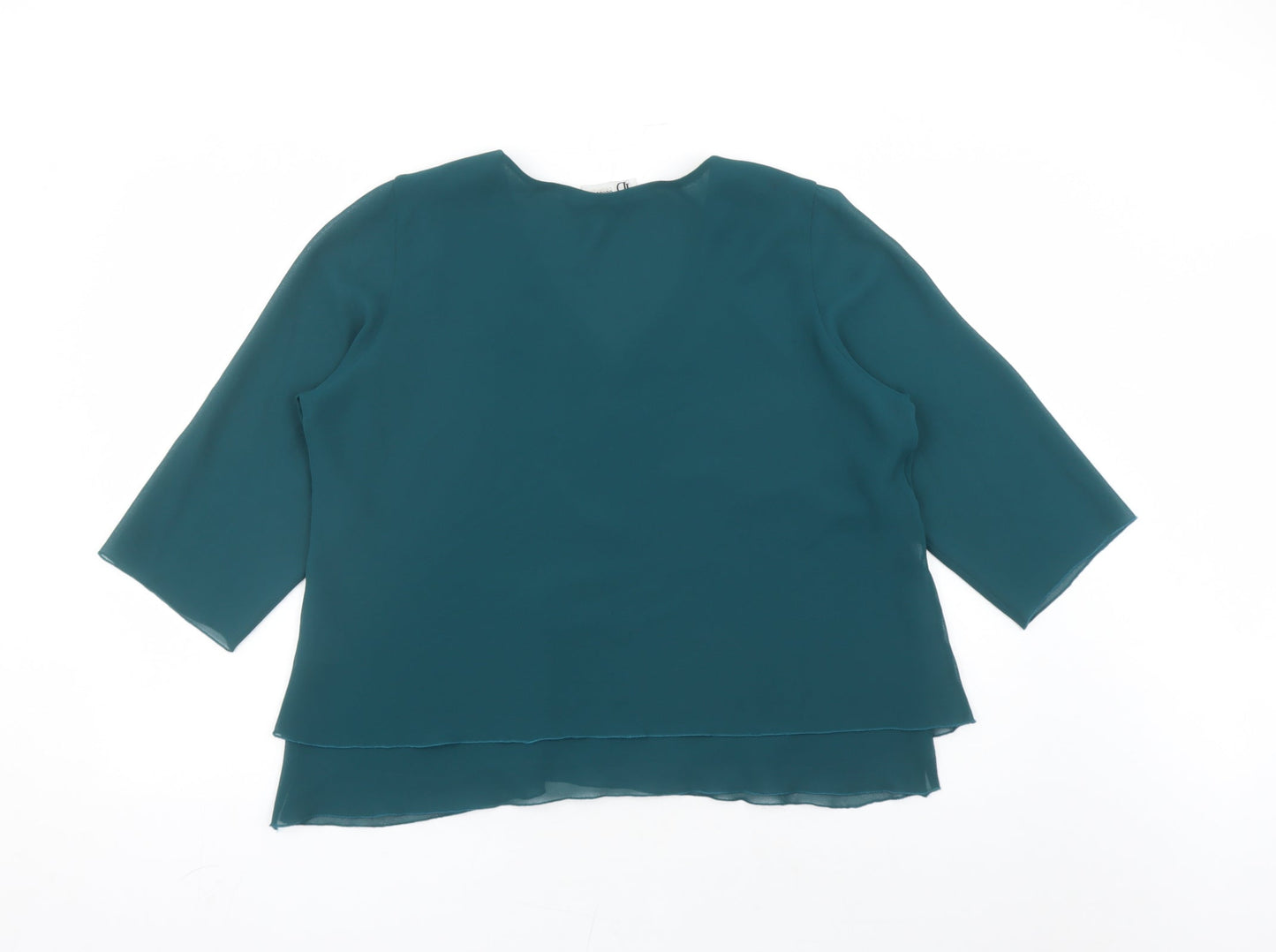 ID Collection Womens Green Polyester Basic Blouse Size 20 V-Neck - Embroidered Flowers Rhinestone Detail