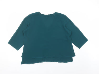 ID Collection Womens Green Polyester Basic Blouse Size 20 V-Neck - Embroidered Flowers Rhinestone Detail