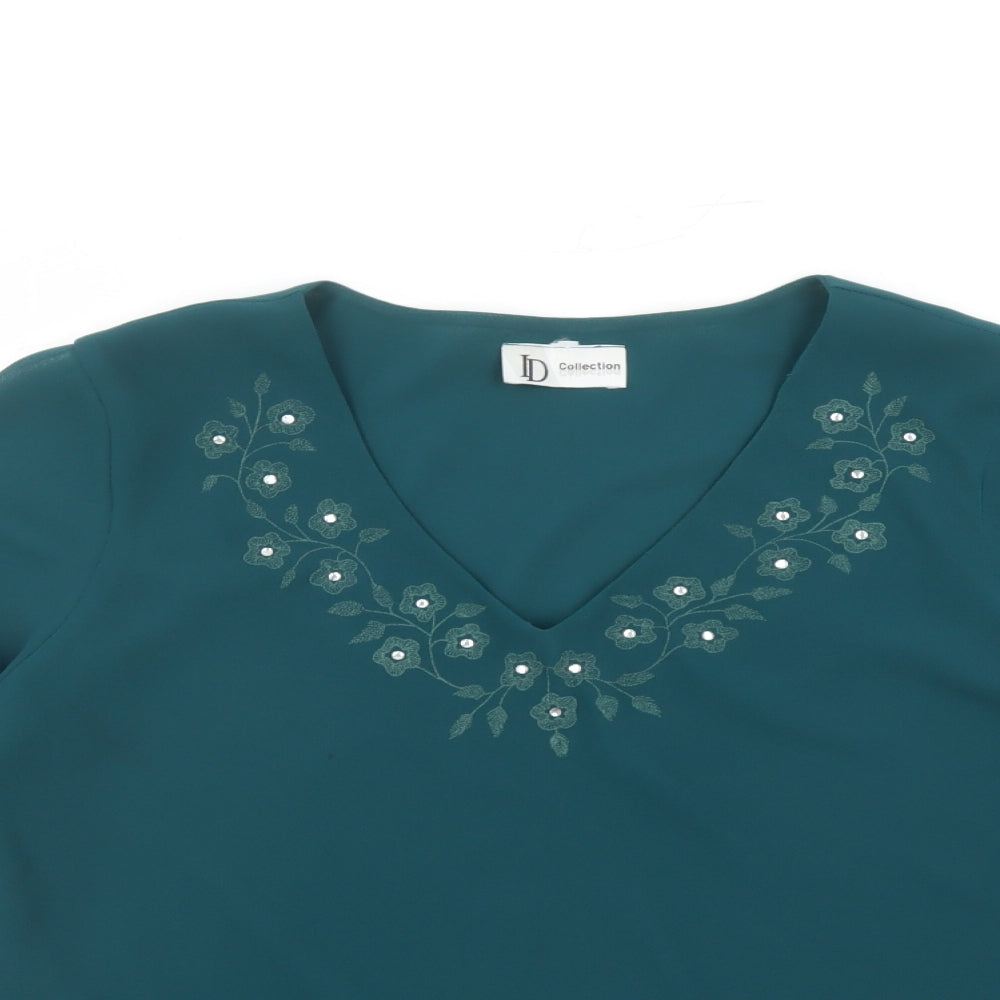 ID Collection Womens Green Polyester Basic Blouse Size 20 V-Neck - Embroidered Flowers Rhinestone Detail
