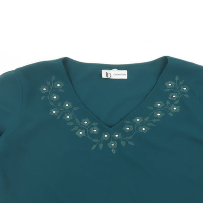 ID Collection Womens Green Polyester Basic Blouse Size 20 V-Neck - Embroidered Flowers Rhinestone Detail
