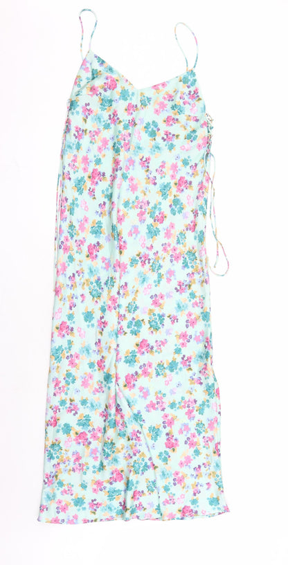 Zara Womens Green Floral Polyester Slip Dress Size S V-Neck Pullover